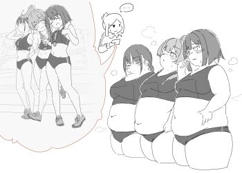 4girls absurdres before_and_after belly breasts buruma dual_persona fat greyscale highres medal medium_breasts monochrome multiple_girls navel original shiori_(plzcallmeshiori) simple_background sketch sports_bra sportswear thick_thighs thighs weight_conscious weight_gain white_background