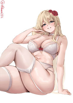 Rule 34 | 1girl, arm support, artist name, blonde hair, blue eyes, bra, breasts, cleavage, commentary request, ebifurya, flower, garter belt, hair between eyes, hair flower, hair ornament, highres, kantai collection, large breasts, looking at viewer, one-hour drawing challenge, panties, red flower, red rose, rose, sitting, skindentation, solo, thick thighs, thighhighs, thighs, twitter username, underwear, underwear only, warspite (kancolle), white bra, white garter belt, white panties, white thighhighs