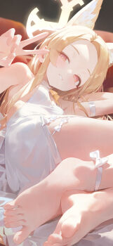 1girl animal_ear_fluff animal_ears arm_strap armpit_crease bare_shoulders barefoot blonde_hair blue_archive blush breasts commentary crossed_ankles dress feet flower forehead fox_ears grin hair_flower hair_ornament halo highres long_hair looking_at_viewer lying modare on_side parted_bangs seia_(blue_archive) sidelocks small_breasts smile spread_toes toenails toes v white_dress yellow_eyes