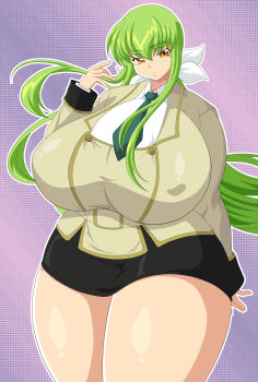 1girl absurdres alternate_breast_size_(larger) ashford_academy_school_uniform belt breasts c.c. code_geass curvy expressionless forsakencause gigantic_breasts green_hair hair_ribbon highres huge_breasts miniskirt official_alternate_costume official_alternate_hairstyle original plump puffy_cheeks ribbon school_uniform shiny_skin skirt solo thick_lips thick_thighs thighs tight_clothes undersized_clothes weight_gain wide_hips yellow_eyes