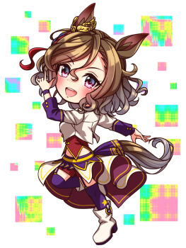 1girl animal_ears blush bodice boots breasts brown_hair chibi chibi_only commentary_request corset cropped_jacket full_body garter_straps hair_between_eyes hair_ornament highres horse_ears horse_girl horse_tail jacket long_sleeves looking_at_viewer medium_breasts midriff_peek navel open_mouth overskirt purple_eyes purple_garter_straps purple_thighhighs red_corset red_shorts short_hair shorts smile solo standing standing_on_one_leg star_(symbol) starting_future_(umamusume) sugimotty_nova tail tap_dance_city_(umamusume) teeth thighhighs umamusume upper_teeth_only white_boots white_jacket wristband
