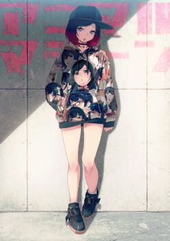 &gt;:( 1girl 40hara animal_ears ankle_socks baseball_cap black_hair blue_eyes brown_hair buckle character_print choker collar concrete disgust drawstring expressionless female_focus frown glasses gradient_hair grimace hair_ornament hand_in_pocket hat highres hood hoodie jewelry knees legs long_legs looking_back maid maid_headdress multicolored_hair necklace no_pants open_mouth orange_eyes orange_hair original print_hoodie purple_eyes raised_eyebrows red_hair shade shadow shoes side_part socks solo