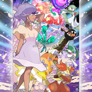 arm_behind_head artist_name character_name closed_mouth commentary company_name copyright_notice dark-skinned_female dark_skin delphox dress english_commentary espathra eyelashes eyeshadow farigiraf fire florges florges_(red_flower) from_side gallade gardevoir gen_3_pokemon gen_4_pokemon gen_6_pokemon holding holding_stick instagram_username lipstick makeup merchandise_available nintendo official_style outline outstretched_arms pokemon pokemon_(creature) pokemon_sv purple_dress purple_eyes purple_hair purple_lips red_eyes sharp_teeth short_hair smile spread_arms stick teeth terastallization tom_higgins tulip_(pokemon) watermark white_outline