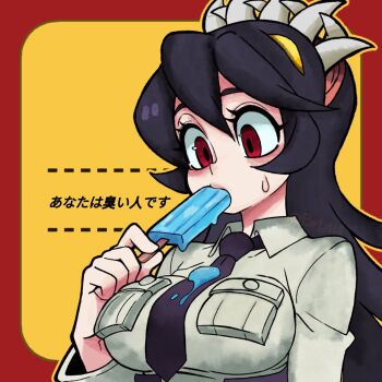 Rule 34 | 1girl, filia (skullgirls), food, highres, holding, holding food, holding popsicle, necktie, parta 228, popsicle, red eyes, samson (skullgirls), shirt, skullgirls, sweatdrop, teeth