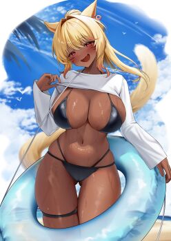 1girl animal_ears beach bikini black_bikini blonde_hair blue_sky breasts cat_ears cat_girl cat_tail cloud dark-skinned_female dark_skin earrings final_fantasy final_fantasy_xiv gluteal_fold highres innertube jewelry large_breasts legband looking_at_viewer miqo&#039;te naughty_face navel ocean ponytail red_eyes sand shhilee shrug_(clothing) sky swim_ring swimsuit tail thigh_gap warrior_of_light_(ff14)