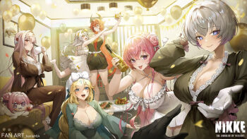 6+girls :d absurdres artist_name balloon banner black_dress blonde_hair blue_eyes bottle braid breasts cleavage closed_eyes collarbone commentary couch cross cross-shaped_pupils cross_facial_mark crown_(nikke) crown_braid cup doro_(nikke) dorothy_(nikke) dress english_text facial_mark food forehead_mark gloves goddess_(nikke) goddess_of_victory:_nikke green_dress grey_hair hair_bun hanlemia headband highres holding holding_bottle holding_cup lace_trim liliweiss_(nikke) logo long_hair looking_at_viewer multiple_girls on_couch open_mouth painting_(object) pink_eyes pink_hair rapunzel_(nikke) red_eyes red_hair red_hood_(nikke) short_hair single_side_bun sitting smile snow_white_(nikke) standing standing_on_one_leg symbol-shaped_pupils table white_dress white_gloves white_hair wine_bottle