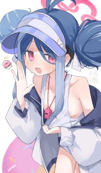 ... 2girls absurdres antenna_hair areola_slip bare_shoulders blue_archive blue_hair blue_visor blush breasts chibi chibi_inset commentary convenient_censoring donut double_bun fang food fubuki_(blue_archive) fubuki_(swimsuit)_(blue_archive) hair_bun halo hand_up highres jacket kanna_(blue_archive) kanna_(swimsuit)_(blue_archive) leaning_forward loli long_sleeves mikozin multiple_girls nipples off_shoulder one-piece_swimsuit open_mouth paid_reward_available pink_halo pulling_own_clothes simple_background skin_fang small_breasts smile solo_focus spoken_ellipsis sweat swimsuit thighs visor_cap whistle whistle_around_neck white_jacket white_one-piece_swimsuit