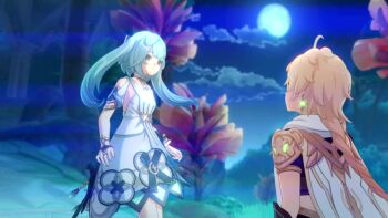 2girls 3boys 3d aether_(genshin_impact) animal_ears animated aqua_hair black_hair blonde_hair breasts collei_(genshin_impact) dragk faruzan_(genshin_impact) genshin_impact green_hair hilichurl_(genshin_impact) interspecies mask monster multiple_boys multiple_girls nipples nude outdoors rubyredva sex sex_from_behind sound tagme tighnari_(genshin_impact) twintails vaginal video