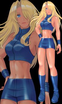 1girl absurdres arm_at_side armpit_crease armpits artist_request bare_shoulders blonde_hair blue_boots blue_eyes blue_shirt blue_shorts boots breasts collarbone eyelashes female_focus fingernails floating_hair full_body hair_down hair_intakes hair_over_one_eye hand_on_own_hip highres huge_filesize knee_boots legs lips long_hair looking_at_viewer medium_breasts metroid metroid_fusion midriff navel nintendo official_alternate_costume official_alternate_hairstyle parted_bangs redrawn samus_aran shirt short_shorts shorts sidelocks smile sports_bra standing stomach thighs turtleneck turtleneck_shirt wrist_cuffs zipper zipper_pull_tab