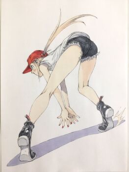 1girl ass bare_arms baseball_cap bent_over black_shoes black_shorts blonde_hair blue_eyes commentary cutoffs denim denim_shorts from_behind full_body hat highres kneepits legs_apart long_hair nail_polish original peter_salt ponytail red_hat red_nails shirt shoes short_shorts shorts sleeveless sleeveless_shirt solo standing tiptoes traditional_media white_background white_shirt