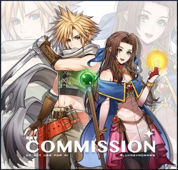 1boy 1girl aerith_gainsborough bare_shoulders belt black_pantyhose blonde_hair blue_eyes blue_ribbon breasts brown_gloves brown_hair cloak closed_mouth cloud_strife commission cow crop_top dress earrings elbow_gloves final_fantasy final_fantasy_vii fingerless_gloves fire_emblem gloves green_eyes grey_cloak grey_pants hair_between_eyes hair_ribbon holding holding_staff holding_sword holding_weapon jewelry long_hair lukrevadraws medium_breasts midriff navel nintendo off-shoulder_dress off_shoulder open_mouth pants pantyhose parted_bangs pink_skirt red_belt red_gloves ribbon short_hair sidelocks single_earring skirt smile spiked_hair staff sword torn_cloak torn_clothes weapon white_dress white_gloves