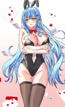 1girl absurdres ahoge animal_ears bare_shoulders black_leotard black_thighhighs blue_hair blurry blurry_background breasts card cleavage cowboy_shot elf fake_animal_ears hashtag-only_commentary heart heart_ahoge highres hololive large_breasts leotard mizoleoekaki navel playing_card pointy_ears rabbit_ears solo strapless strapless_leotard thighhighs two_of_hearts virtual_youtuber yellow_eyes yukihana_lamy