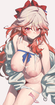 1girl absurdres airseal alternate_breast_size_(larger) arknights bow breasts closed_mouth commentary_request cum cum_on_body cum_on_breasts cum_on_hair cum_on_upper_body embarrassed facial from_above hair_bow haruka_(arknights) highres huge_breasts inverted_nipples long_hair multicolored_hair nipples pink_hair pubic_hair red_bow red_hair simple_background solo sweat two-tone_hair white_background