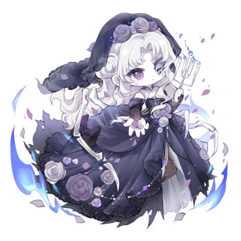 1girl absurdres bare_shoulders beads black_bridal_gauntlets black_veil blue_dress blue_fire bow bridal_gauntlets bridal_veil bride brown_pantyhose candle candlestand chibi chinese_commentary commentary_request dot_nose dress dress_bow dress_flower expressionless eyelashes facial_tattoo fire floating_clothes flower flower_tattoo hair_bun highres holding holding_candle infinity_nikki jewelry light_blush long_dress long_hair long_sidelocks looking_at_viewer nameless_selfless_(infinity_nikki) necklace nikki_(series) nuli_de_chengzhi_er off-shoulder_dress off_shoulder offering_hand one_eye_covered pale_skin pantyhose parted_bangs parted_lips petals purple_bow purple_eyes purple_ribbon ribbon rose rose_petals short_sleeves sidelocks simple_background single_side_bun solo tattoo tsurime veil very_long_hair wavy_hair wedding_dress white_background white_flower white_hair white_rose