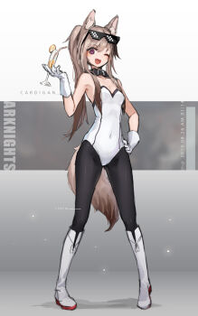1girl animal_ear_fluff animal_ears arknights asicah bare_shoulders black_collar black_pantyhose boots breasts brown_hair cardigan_(arknights) character_name collar covered_navel cup dog_ears dog_girl dog_tail drinking_glass eyewear_on_head fang food fruit full_body gloves goggles goggles_on_head hand_on_own_hip holding holding_cup knee_boots lemon leotard long_hair looking_at_viewer multicolored_hair one_eye_closed open_mouth pantyhose pigeon-toed ponytail purple_eyes small_breasts smile solo standing strapless strapless_leotard sunglasses tail white_boots white_gloves white_leotard