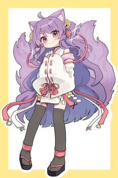1girl ahoge animal_ear_fluff animal_ears bell black_sandals black_thighhighs blush border closed_mouth commentary_request commission dot_nose fox_ears fox_girl fox_tail full_body hair_bell hair_ornament hair_ribbon hands_in_opposite_sleeves highres indie_virtual_youtuber japanese_clothes kibisake kimono long_sleeves looking_at_viewer nekonomiya_mitarou okobo outline outside_border platform_sandals red_ribbon ribbon ribbon-trimmed_sleeves ribbon_trim sandals simple_background skeb_commission smile solo standing tabi tail thick_eyebrows thighhighs virtual_youtuber white_background white_kimono white_outline wide_sleeves yellow_border