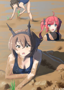 3girls azur_lane black_eyes blue_eyes blue_one-piece_swimsuit breasts brown_hair cleavage collarbone commentary_request crossover dirty fubuki_(kancolle) green_eyes hair_ornament hairband highres kantai_collection large_breasts long_hair misumi_(niku-kyu) mud multiple_girls mutsu_(kancolle) one-piece_swimsuit open_mouth red_hair rice_paddy rice_planting san_diego_(azur_lane) short_hair swimsuit twintails twitter_username