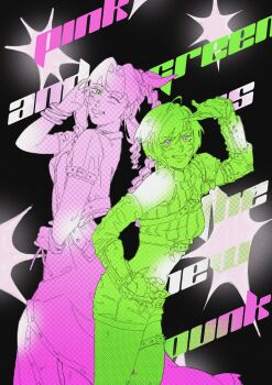 2girls aerith_gainsborough ahoge armor bangle belt black_background blush bracelet braid braided_ponytail breasts center_opening chest_strap clerithfication cowboy_shot crop_top cropped_jacket dress elbow_gloves final_fantasy final_fantasy_vii final_fantasy_vii_rebirth final_fantasy_vii_remake fingerless_gloves gloves green_eyes grin hair_between_eyes hair_ribbon hand_in_own_hair hand_on_own_hip highres jewelry limited_palette long_dress long_hair maid_headdress medium_breasts midriff multiple_girls one_eye_closed parted_bangs pauldrons pink_eyes ribbon shading_eyes short_hair short_shorts shorts shoulder_armor sidelocks single_bare_shoulder single_braid single_pauldron sleeveless sleeveless_turtleneck smile teeth thigh_belt thigh_strap turtleneck vambraces yuffie_kisaragi