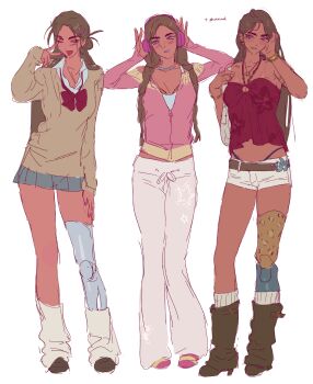 1girl absurdres alien_stage alternate_costume animal_print belt blue_skirt boots bow bowtie braid brown_belt brown_boots brown_sweater cardigan commentary dark-skinned_female dark_skin english_commentary grey_eyes half_updo halter_shirt halterneck headphones highres hyuna_(alien_stage) katsksiii leg_warmers leopard_print long_hair miniskirt multiple_views one_eye_closed pants panty_straps pink_cardigan pink_nails prosthesis prosthetic_leg red_bow red_bowtie red_shirt shirt short_shorts shorts sketch skirt socks sweater twin_braids v very_long_hair white_leg_warmers white_pants white_shorts white_socks