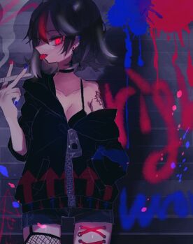 1girl alternate_costume arm_tattoo arrow_print black_bra black_hair black_hoodie black_shorts bra breasts cigarette cleavage commentary_request cowboy_shot graffiti grey_horns holding holding_cigarette hood hood_down hoodie horns kijin_seija looking_at_viewer medium_breasts multicolored_hair one-hour_drawing_challenge red_eyes red_hair shinjitsu_no_kuchi short_hair short_shorts shorts small_horns smoking solo streaked_hair tattoo tongue tongue_out touhou underwear