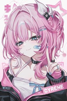 1girl alternate_costume bandaid bandaid_on_cheek bandaid_on_face bare_shoulders black_choker black_jacket blue_eyes breasts character_name choker cleavage cyrene_(honkai:_star_rail) hashtag highres honkai:_star_rail honkai_(series) jacket pink_hair shirt small_breasts solo touyu_1210 upper_body v white_background white_shirt