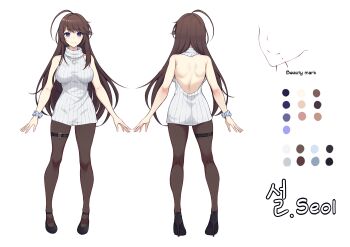 1girl absurdres ahoge back backless_outfit black_pantyhose black_shoes blue_eyes breasts brown_hair character_name color_guide commentary commission english_commentary front_and_back highres jo_an large_breasts long_hair mole mole_under_mouth multiple_views o-ring o-ring_thigh_strap original pantyhose pixiv_commission reference_sheet scrunchie shoes simple_background sleeveless sleeveless_sweater solo sweater thigh_strap white_background white_sweater wrist_scrunchie