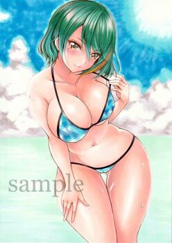 ahoge artist_request asymmetrical_hair bikini dead_or_alive dead_or_alive_6 green_eyes green_hair mole mole_under_eye multicolored_hair red_streaks sample_watermark streaked_hair swimsuit tagme tamaki_(doa) watermark