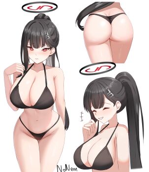 1girl absurdres arms_behind_back ass bikini black_bikini black_hair black_halo blue_archive blush breasts hair_ornament hairpin halo halterneck hand_up highres huge_breasts laughing long_hair looking_at_viewer multiple_views navel nonem_art ponytail red_eyes rio_(blue_archive) swimsuit