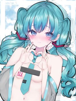 1girl ahoge bar_censor bare_shoulders black_outline blue_eyes blush border breasts censored closed_mouth commentary_request detached_sleeves drop_shadow dutch_angle embarrassed four-finger_heart_hands frown green_hair green_necktie hair_between_eyes hair_intakes hair_ribbon hatsune_miku heart heart_hands long_hair long_sleeves looking_at_viewer medium_breasts necktie ningoro_r no_bra nude outline outside_border ribbon sidelocks solo sweat sweatdrop twintails twitter_username upper_body vocaloid white_border wide_sleeves