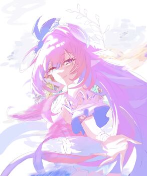 1girl breasts commentary cyrene_(honkai:_star_rail) cyrene_(ripples_of_past_reverie)_(honkai:_star_rail) diamond-shaped_pupils diamond_(shape) dress english_commentary from_side highres honkai:_star_rail honkai_(series) kiyomyryaaa large_breasts long_hair looking_at_viewer pink_hair pointy_ears purple_eyes reaching reaching_towards_viewer simple_background smile solo symbol-shaped_pupils very_long_hair white_background white_dress