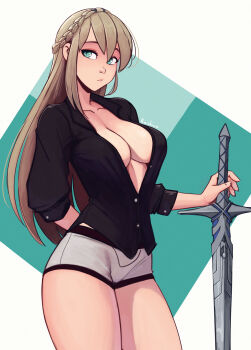 1girl absurdres arm_behind_back artist_name black_shirt boxer_briefs braid breasts brown_hair cleavage closed_mouth collarbone commentary crown_braid eiyuu_densetsu elaine_auclair english_commentary green_background green_eyes hair_between_eyes highres holding holding_sword holding_weapon kuro_no_kiseki_(series) large_breasts looking_at_viewer male_underwear partially_unbuttoned planted planted_sword planted_weapon raichiyo33 shirt sideboob sidelocks sleeves_rolled_up solo sword three-toned_background underwear weapon white_background
