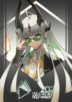 1girl absurdres adjusting_eyewear adjusting_glasses ahoge arknights black_jacket collared_shirt earrings english_text female_focus glasses green-tinted_eyewear green_eyes hair_ornament highres horns jacket jewelry long_hair long_sleeves looking_at_viewer looking_over_eyewear looking_over_glasses reed_(arknights) reed_(emerald_holiday)_(arknights) shirt silver_hair solo sunglasses tagme tinted_eyewear upper_body very_long_hair white_shirt