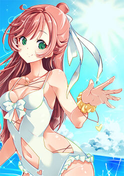 Rule 34 | 1girl, blue sky, bow, bow swimsuit, breasts, clear sky, closed mouth, clothing cutout, cloud, commentary request, day, frilled one-piece swimsuit, frills, green eyes, hair bun, hair ribbon, hamuhamu, hirogaru sky! precure, horizon, jewelry, long hair, looking at viewer, navel, navel cutout, necklace, nijigaoka mashiro, ocean, one-piece swimsuit, outdoors, partial commentary, pink hair, precure, ribbon, scrunchie, side cutout, single hair bun, sky, small breasts, smile, solo, split mouth, standing, sun, swimsuit, white bow, white one-piece swimsuit, white ribbon, wrist scrunchie, yellow scrunchie