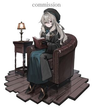 1girl aqua_skirt armchair black_coat black_gloves black_hat book chair closed_mouth coat commentary commission cup derinhi1123 english_commentary flat_chest full_body gloves grey_hair hair_between_eyes hat high_heels highres holding holding_book lampshade long_hair looking_at_viewer nightstand original shirt simple_background sitting skirt smile solo stiletto_heels teacup white_background white_shirt
