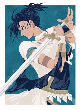 1boy arms_up border bracelet closed_mouth commentary_request cowboy_shot dancer_(fire_emblem:_three_houses) felix_hugo_fraldarius felix_hugo_fraldarius_(timeskip) fire_emblem fire_emblem:_three_houses highres holding holding_sword holding_weapon jewelry looking_down male_focus nintendo orange_eyes ousui ponytail profile robe short_sleeves solo sword weapon white_border