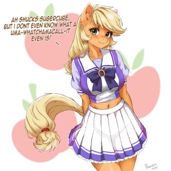 1girl animal_ear_fluff animal_ears apple applejack blonde_hair blush bow bowtie breasts commentary cowboy_shot cutie_mark english_commentary english_text food freckles fruit furry furry_female green_eyes highres horse_ears horse_girl horse_tail large_breasts long_hair looking_at_viewer low-tied_long_hair midriff_peek my_little_pony my_little_pony:_friendship_is_magic navel orange_fur parody pennylessmac personification purple_bow purple_bowtie purple_shirt purple_trim sailor_collar school_uniform shirt simple_background skirt smile snout solo standing tail tracen_school_uniform umamusume white_background white_skirt