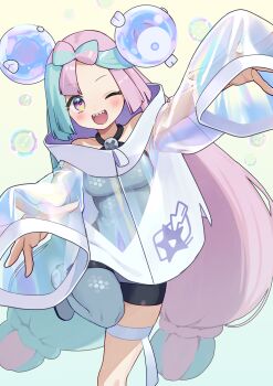 1girl absurdres bare_shoulders black_shorts blue_hair blush bow-shaped_hair breasts bubble character_hair_ornament commentary_request criss-cross_halter fake_hair_bun furukawa_raku grey_pantyhose hair_ornament halter_shirt halterneck hexagon_print highres iono_(pokemon) jacket long_hair long_sleeves looking_at_viewer medium_breasts multicolored_hair nintendo one_eye_closed open_mouth oversized_clothes pantyhose pantyhose_under_shorts pink_hair pokemon pokemon_sv see-through_clothes see-through_jacket sharp_teeth shirt shorts single_leg_pantyhose sleeves_past_fingers sleeves_past_wrists smile solo split-color_hair teeth thigh_strap two-tone_hair