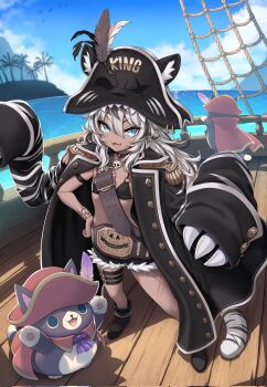 Rule 34 | 1girl, :3, animal ears, belt, black hair, blue eyes, blue sky, boots, bra, coat, commentary, dark-skinned female, dark skin, english commentary, epaulettes, feathers, gaomi goro, hat, highres, indie virtual youtuber, island, melon-fox, multicolored hair, ocean, open mouth, palm tree, pirate, pirate hat, ship, sky, smile, tail, tiger ears, tiger girl, tiger tail, tree, two-tone hair, underwear, virtual youtuber, watercraft, white hair
