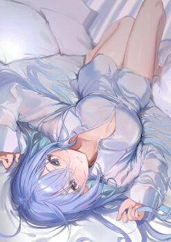 Rule 34 | 1girl, absurdres, blue hair, breasts, character request, cleavage, closed mouth, commentary request, copyright request, dutch angle, full body, grey eyes, grey shirt, hair spread out, highres, indoors, knees up, large breasts, long hair, long sleeves, looking at viewer, looking back, looking up, lying, no pants, on back, on bed, pillow, shirt, sleepwear, solo, uouokuma, very long hair