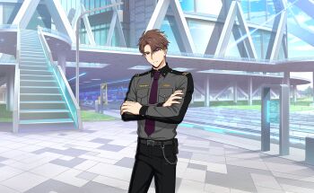 Rule 34 | 1boy, belt, black belt, black pants, breast pocket, brown hair, chain, closed mouth, collared shirt, crossed arms, fingernails, game cg, grey shirt, happy elements, helios rising heroes, highres, jude ares, long sleeves, looking at viewer, male focus, mole, mole under mouth, necktie, non-web source, official art, outdoors, pants, pocket, purple eyes, purple necktie, shirt, short hair, solo, stairs, standing, teeth