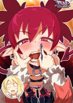 2girls blonde_hair blush bracelet brushing_another&#039;s_teeth choker disgaea earrings etna_(disgaea) fangs female_pov flat_chest flonne frilled_sleeves frills highres jewelry makai_senki_disgaea mouth_pull multiple_girls open_mouth pointy_ears pov r-e-l-o-a-d red_eyes red_hair skull_earrings smile tearing_up teeth toothbrush twintails