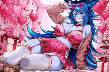 Rule 34 | 1girl, absurdres, animal ears, balloon, bare shoulders, blue eyes, blue hair, blue skin, bra, breasts, candy, chocolate, chocolate heart, cleavage, colored skin, eyewear on head, flower, food, garter straps, gift, heart, heart-shaped eyewear, heart-shaped food, heart balloon, highres, indie virtual youtuber, large breasts, legs, lingerie, long hair, looking at viewer, maskey (maskey artist), midriff, navel, pink bra, pink nails, pink skirt, rose, scar, scar across eye, scar on face, skirt, spite (vtuber), thick thighs, thighhighs, thighs, underwear, very long hair, virtual youtuber, white thighhighs, wide hips, wolf ears, wolf girl