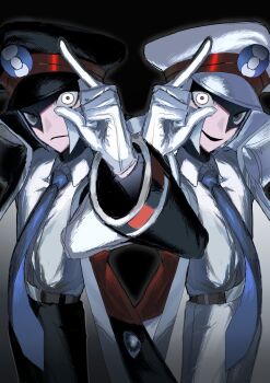 2boys black_coat black_hat black_pants blue_necktie brothers closed_mouth coat commentary_request emmet_(pokemon) gloves grey_eyes grey_hair hat highres index_finger_raised ingo_(pokemon) locked_arms long_sleeves looking_at_viewer male_focus matching_outfits multiple_boys necktie nintendo open_mouth pants partially_shaded_face peaked_cap pokemon pokemon_bw qap0005 shirt short_hair siblings white_coat white_gloves white_pants white_shirt