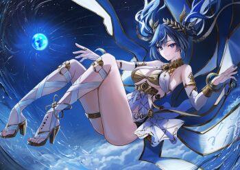 1girl armlet bare_shoulders black_skirt blue_eyes blue_hair breasts cleavage closed_mouth commentary full_body gladiator_sandals gold_bra highres iuno_(wuthering_waves) jewelry laurel_crown looking_at_viewer medium_breasts miniskirt nicky_w sandals showgirl_skirt skirt smile solo tacet_mark_(wuthering_waves) thighlet thighs twintails vambraces wuthering_waves