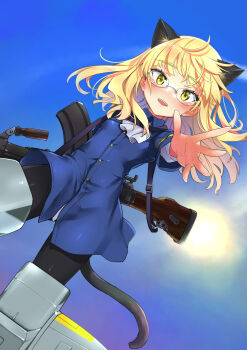 1girl absurdres animal_ears aohashi_ame black_pantyhose blonde_hair blue_jacket blue_sky blush buttons cat_ears cat_girl cat_tail cloud cloudy_sky flying glasses gun highres holding holding_gun holding_weapon jacket long_hair looking_at_viewer military military_uniform neckerchief open_mouth pantyhose perrine_h._clostermann rifle shirt sky solo strike_witches striker_unit tail teeth upper_teeth_only weapon weapon_request white_neckerchief white_shirt world_witches_series yellow_eyes