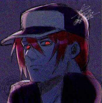 Rule 34 | 1boy, baseball cap, commentary request, fatal fury, fatal fury: city of the wolves, fatal fury cap, hat, highres, long hair, looking at viewer, male focus, official alternate costume, official alternate hair color, pale skin, ponytail, red eyes, red hair, simple background, snk, solo, sudachi0315, terry bogard