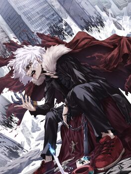 1boy absurdres black_coat boku_no_hero_academia candle cape card chain chapped_lips coat decay destruction endo_yohane from_side fur_trim highres joker_(playing_card) looking_at_viewer orb playing_card red_cape red_eyes red_footwear scar scar_on_face scar_on_mouth shigaraki_tomura signature white_hair