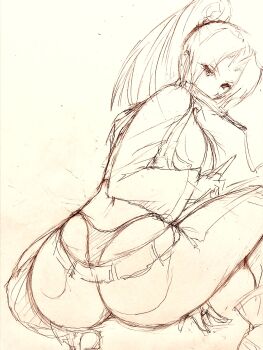 Rule 34 | 1girl, arm support, ass, breasts, fatal fury, fatal fury: city of the wolves, fingerless gloves, gloves, highres, huge ass, jacket, large breasts, leather, leather jacket, leather pants, legs, long hair, looking at viewer, looking back, midriff, monochrome, mouth hold, ninja, pants, ponytail, serious, shiranui mai, sideboob, sketch, snk, solo, squatting, the king of fighters, thighs, thong, traditional media, whale tail (clothing)