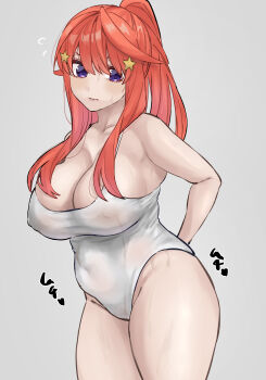 1girl absurdres adjusting_clothes adjusting_swimsuit arms_behind_back blue_one-piece_swimsuit breasts cleavage closed_mouth commentary_request covered_erect_nipples cowboy_shot flying_sweatdrops go-toubun_no_hanayome grey_background hair_ornament highres large_breasts long_hair marimo_625 nakano_itsuki one-piece_swimsuit purple_eyes red_hair simple_background solo sound_effects star_(symbol) star_hair_ornament swimsuit white_one-piece_swimsuit