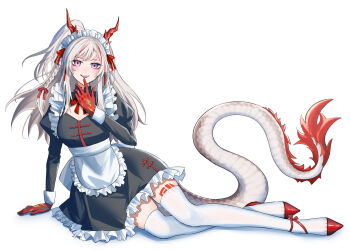 1girl alternate_costume apron arknights black_dress blush commentary dragon_girl dragon_horns dragon_tail dress enmaided finger_to_mouth frilled_apron frilled_dress frills full_body grey_hair highres horns imakokotea_(imakoko) juliet_sleeves long_hair long_sleeves looking_at_viewer maid maid_headdress multicolored_hair nian_(arknights) pink_eyes pointy_ears puffy_sleeves simple_background smile solo streaked_hair tail thighhighs waist_apron white_apron white_background white_thighhighs